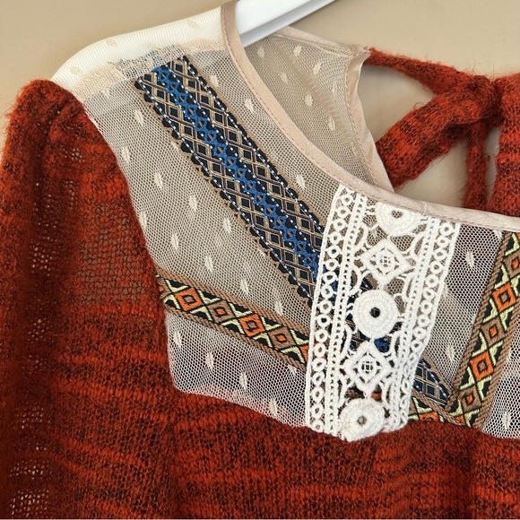 Ryu M/L Boho Sweater Bell Sleeve Cottagecore Hippie Mixed Media Artsy Rust Orang - Picture 14 of 15